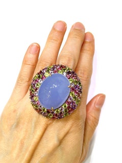 Bochic Orient-Cocktailring aus 18 Karat Gold und Silber mit Chalcedon und mehreren Edelsteinen