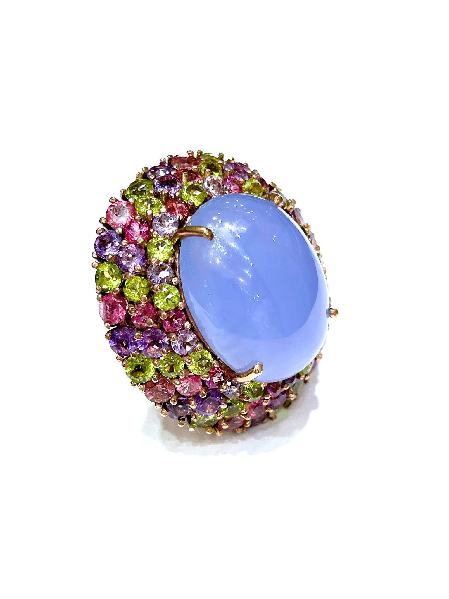 Baroque Bochic “Orient” Chalcedony & Multi Gem Cocktail Ring In 18K Gold & Silver For Sale