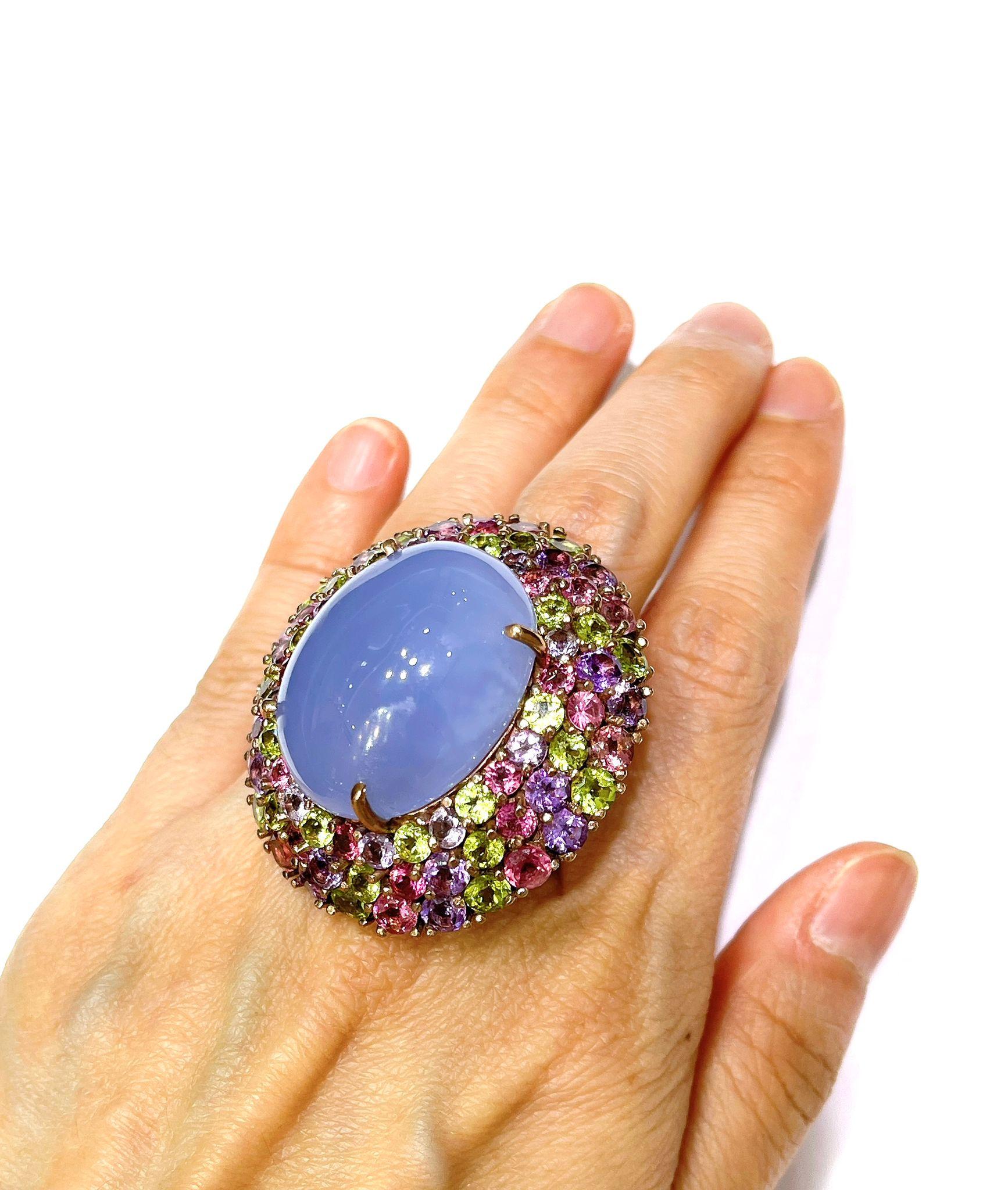 Brilliant Cut Bochic “Orient” Chalcedony & Multi Gem Cocktail Ring In 18K Gold & Silver For Sale