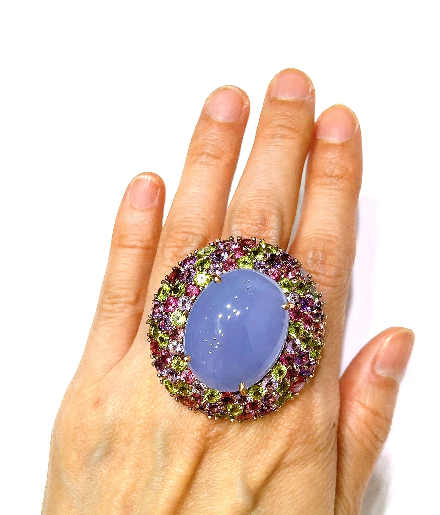 Bochic “Orient” Chalcedony & Multi Gem Cocktail Ring In 18K Gold & Silver In New Condition For Sale In New York, NY
