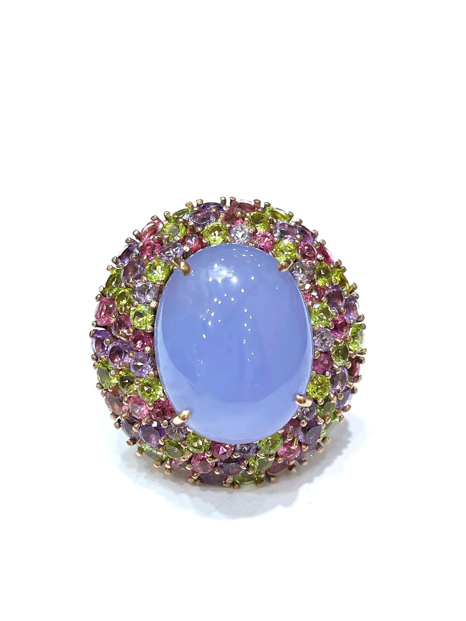 Women's Bochic “Orient” Chalcedony & Multi Gem Cocktail Ring In 18K Gold & Silver For Sale