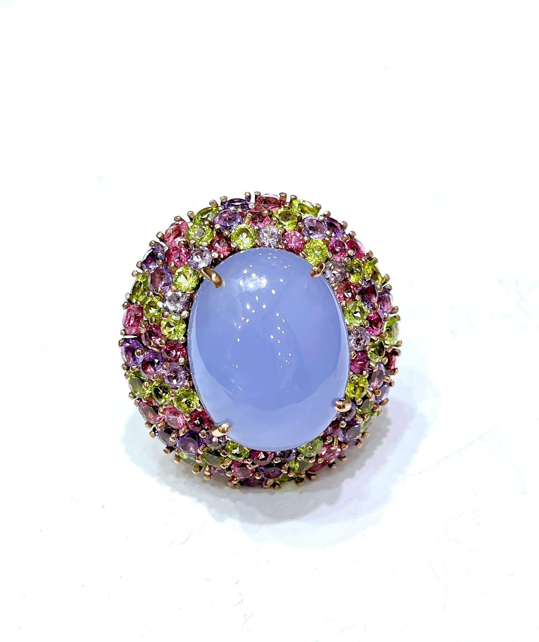 Bochic “Orient” Chalcedony & Multi Gem Cocktail Ring In 18K Gold & Silver For Sale 2