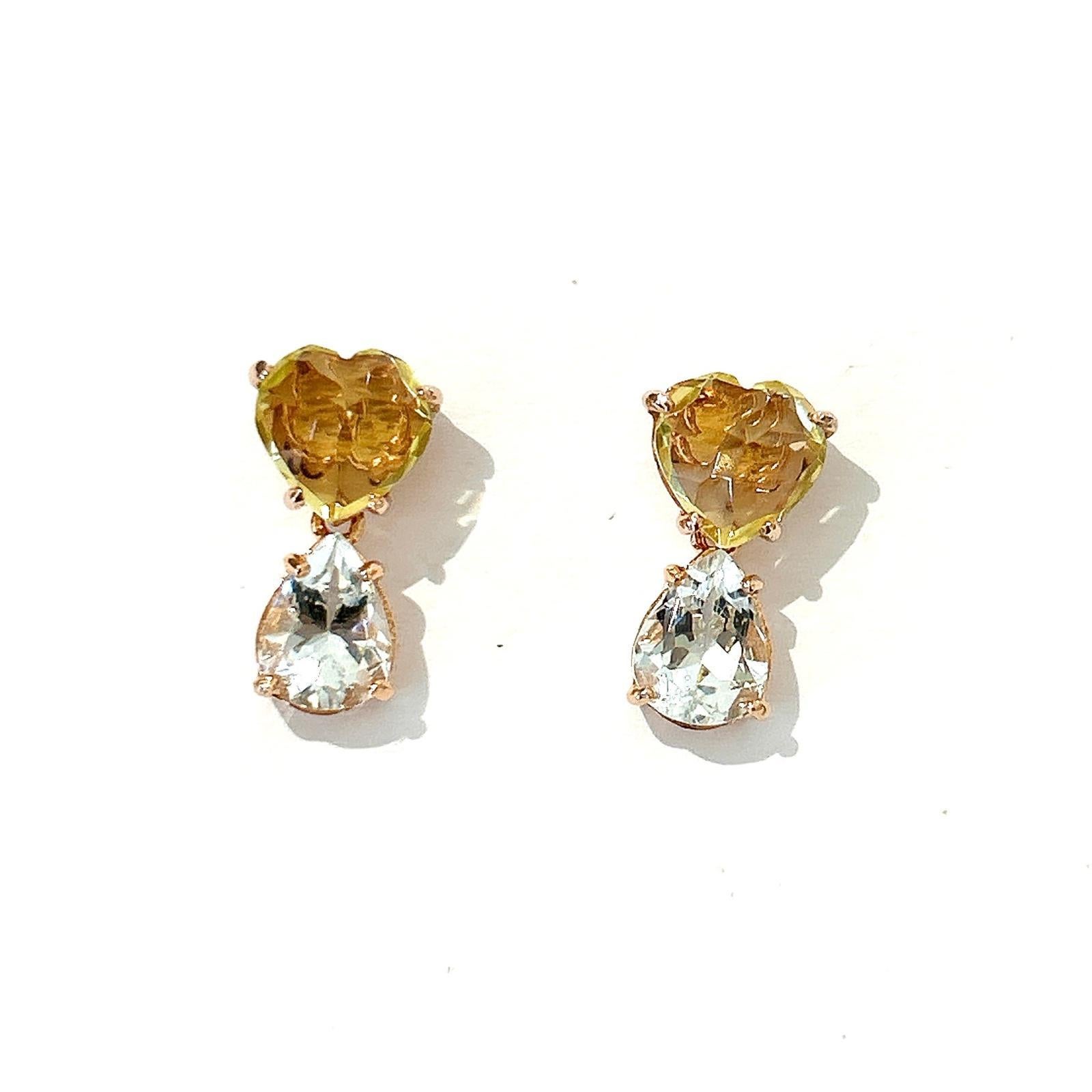 Art Deco Bochic “Orient” Citrine & Blue Topaz Drop Earrings Set In 18K Gold & Silver For Sale