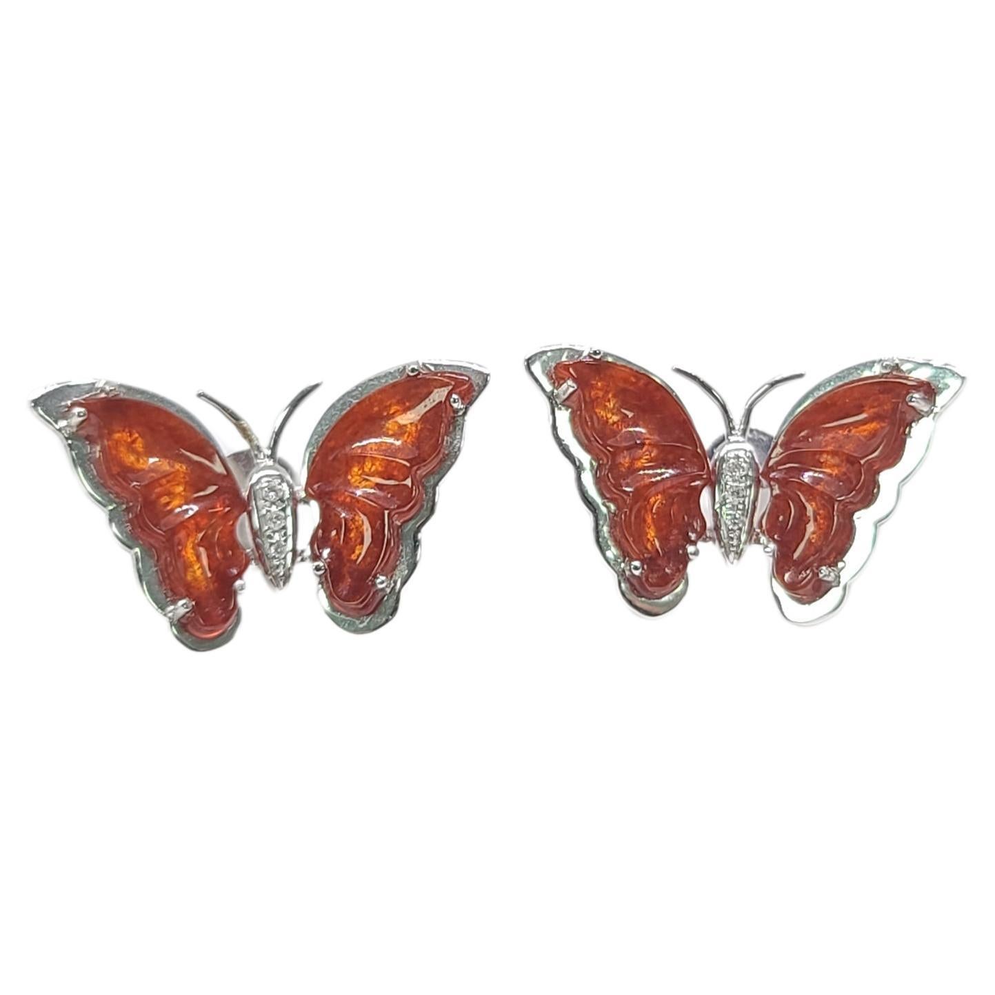 Bochic “Orient” Cluster Diamond & Chocolate Jade, 18K Gold Butterfly Earrings  For Sale