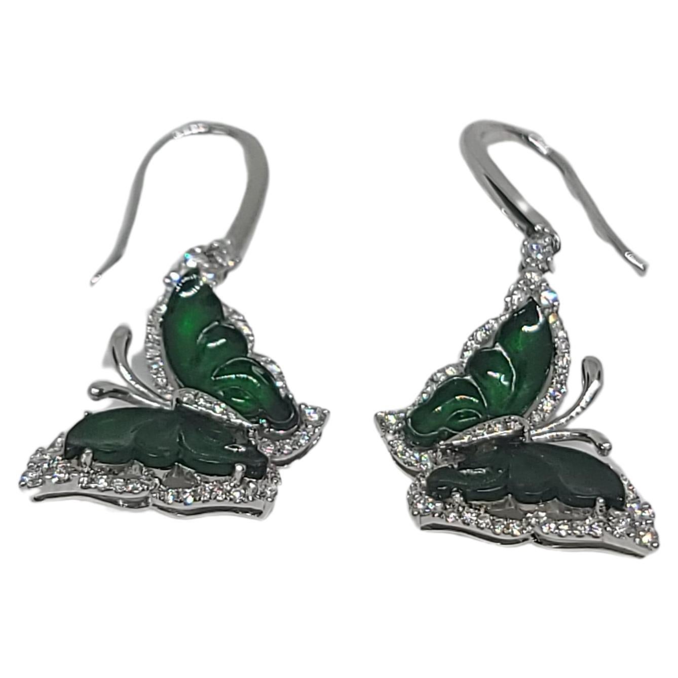 Bochic “Orient” Cluster Diamond & Chocolate Jade Butterfly Earrings  For Sale