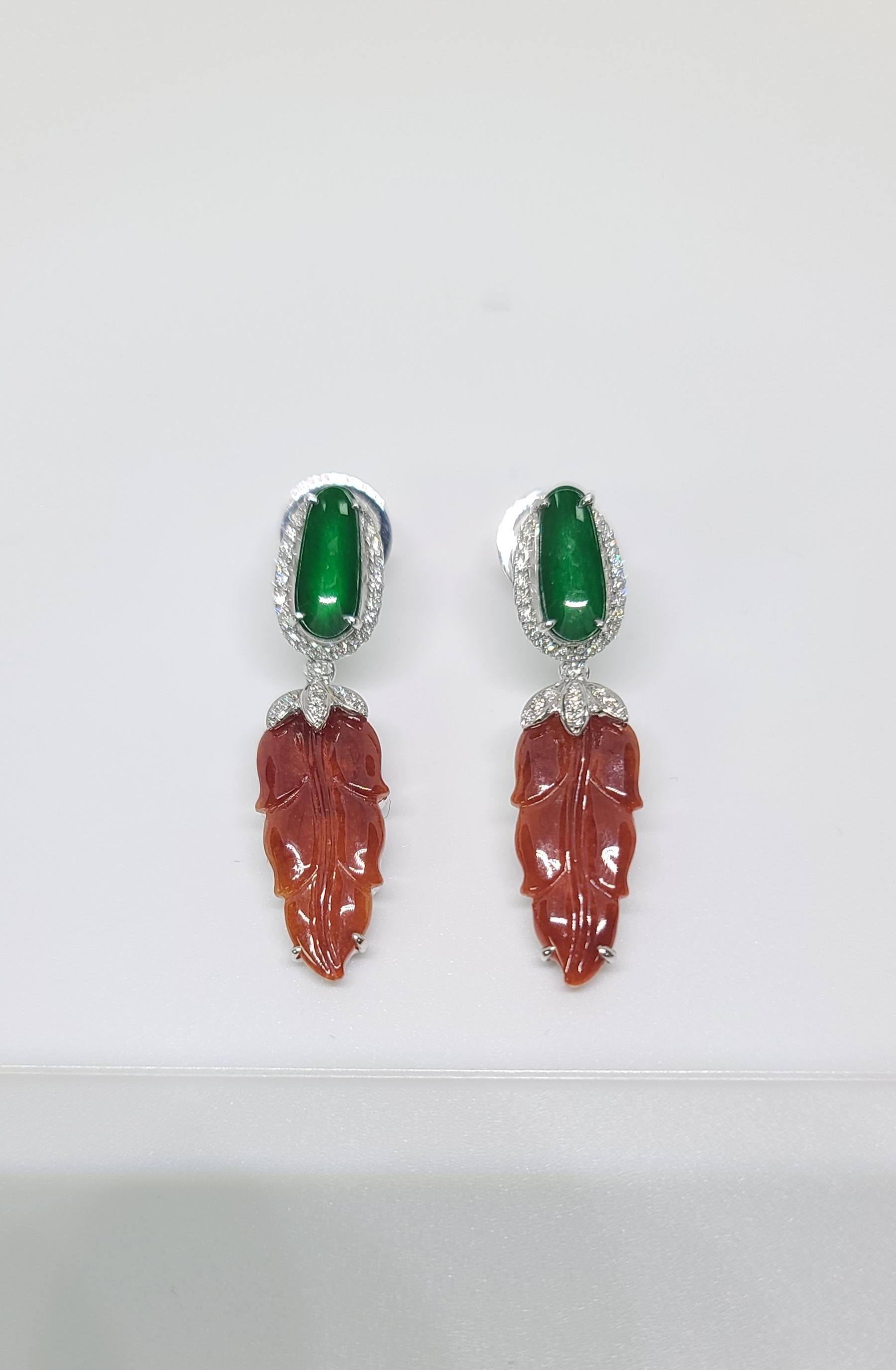 Bochic “Orient” Cluster Diamond & Green & Chocolate Jade Drop Earrings  For Sale 7