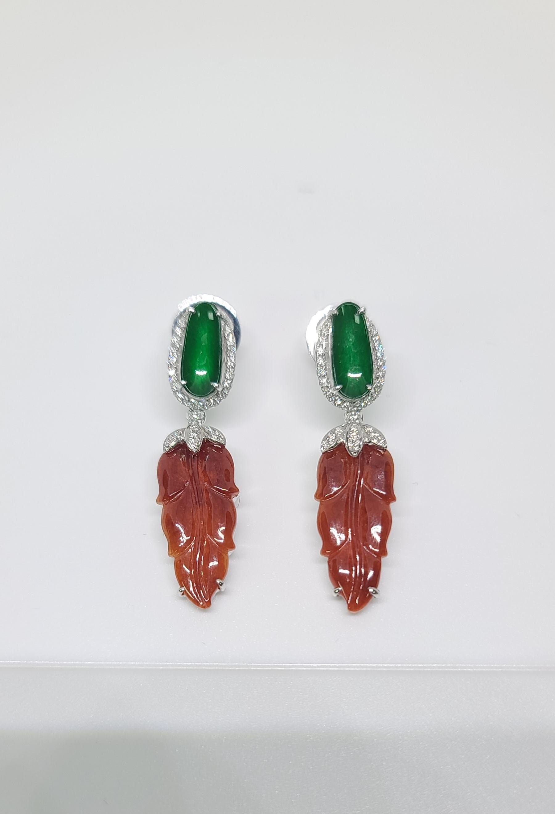 Bochic “Orient” Cluster Diamond & Green & Chocolate Jade Drop Earrings  For Sale 8