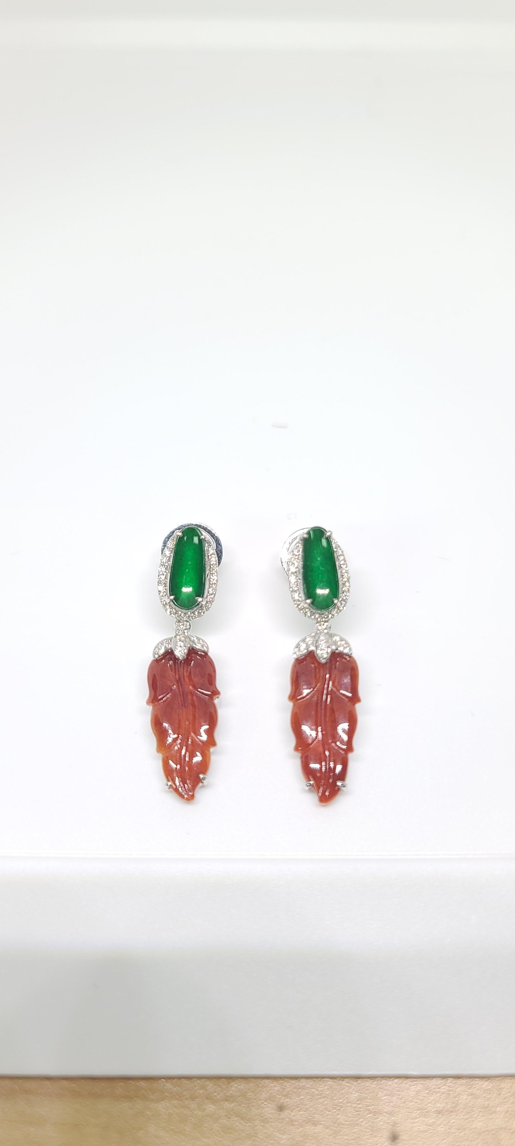 Bochic “Orient” Cluster Diamond & Green & Chocolate Jade Drop Earrings  For Sale 9