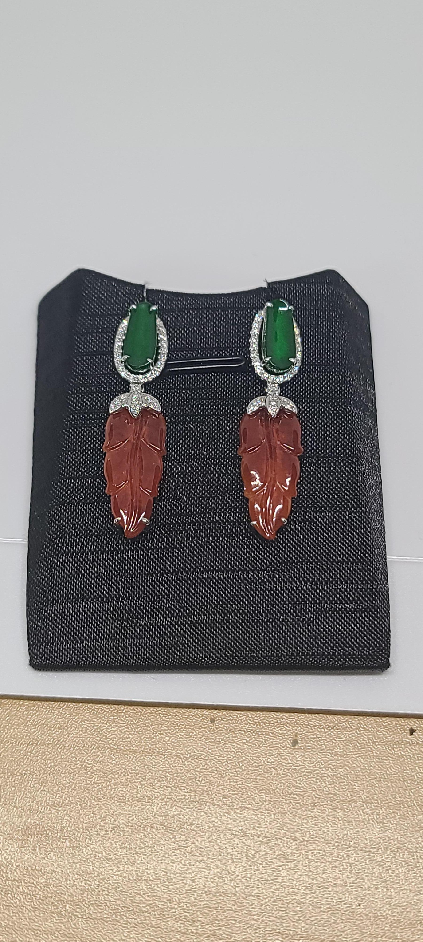 Baroque Bochic “Orient” Cluster Diamond & Green & Chocolate Jade Drop Earrings  For Sale