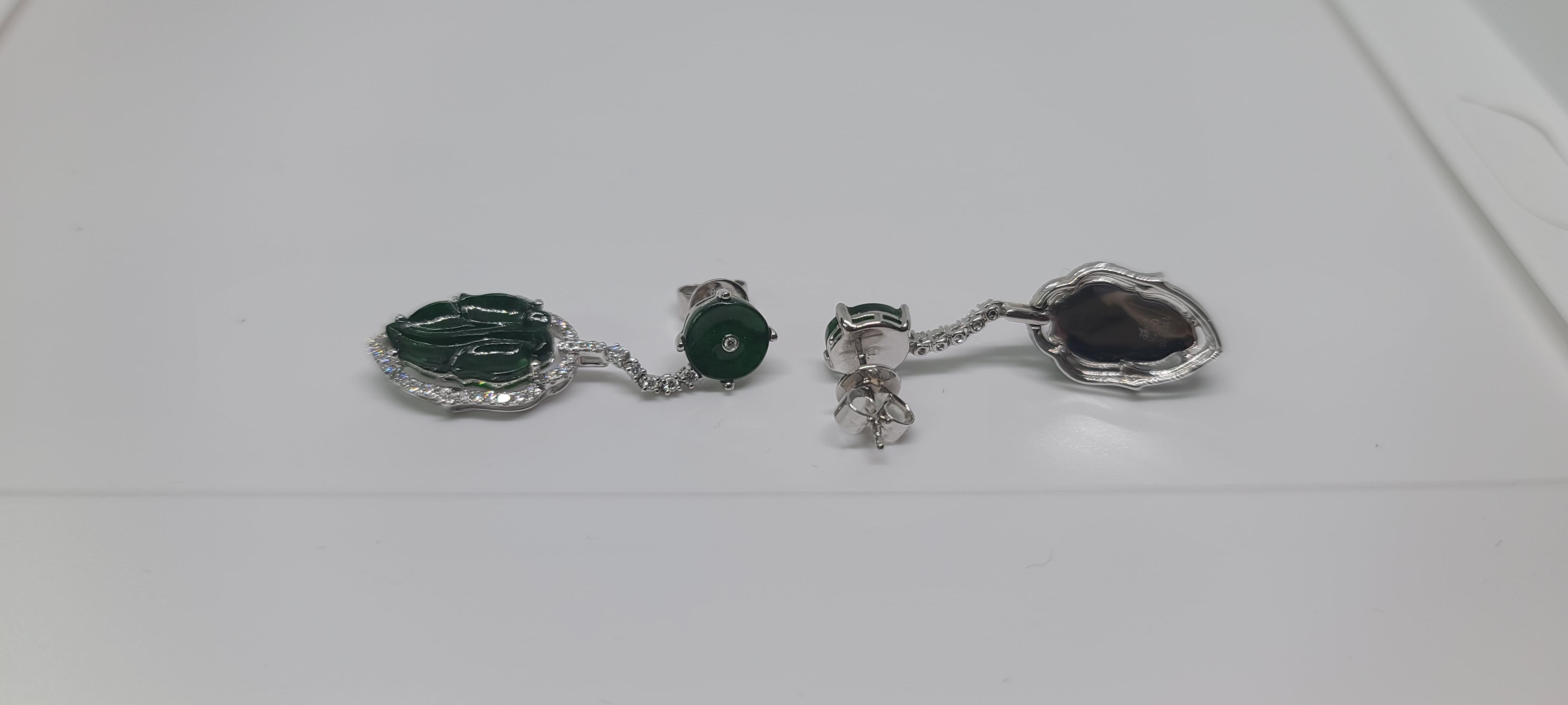 Brilliant Cut Bochic “Orient” Cluster Diamond & Green & Chocolate Jade Drop Earrings  For Sale