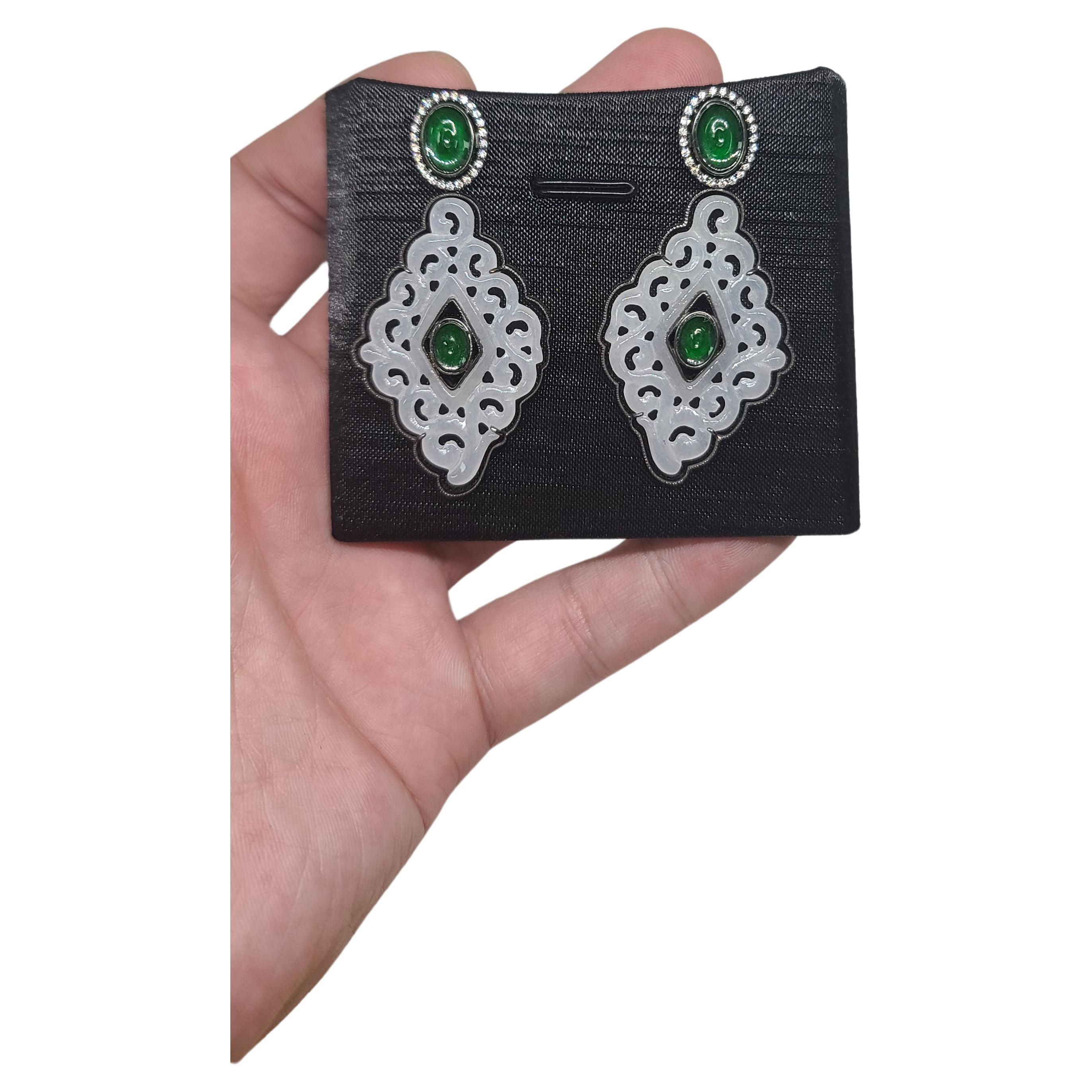 Bochic “Orient” Cluster Diamond & Mint & Green Jade Earrings Set In 18K Gold 

Diamonds 0.46 Carat 
Color F 
Clarity VS 
3.48 Gram 

Carved White Mint Frosty Jade 
Green Jade 
Both very high quality 

Comes with a certificate 
Comes with an