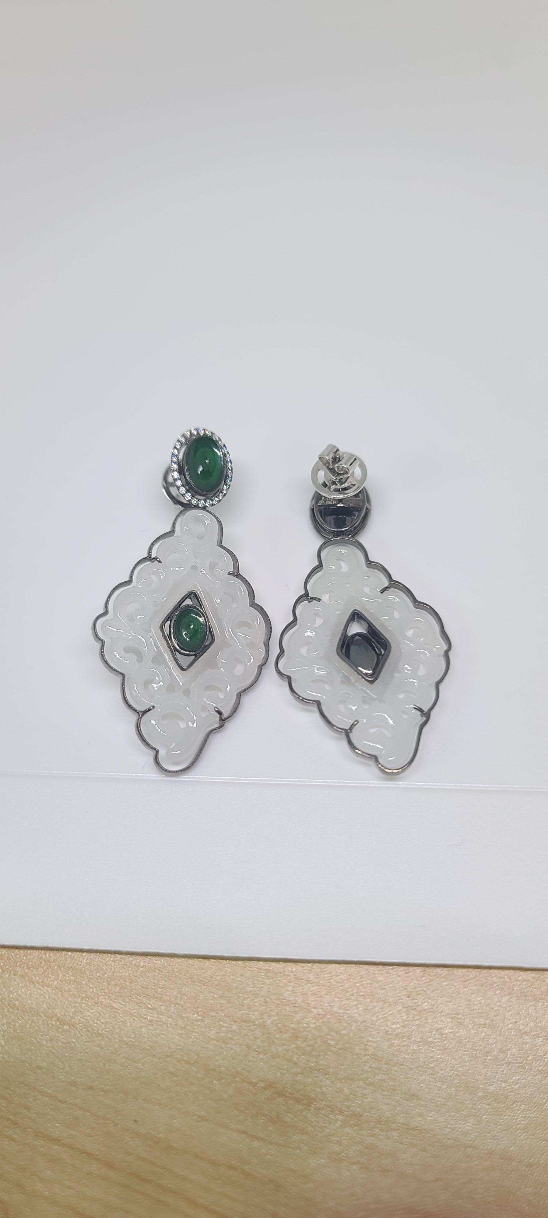 Cabochon Bochic “Orient” Cluster Diamond & Mint & Green Jade Earrings Set In 18K Gold  For Sale