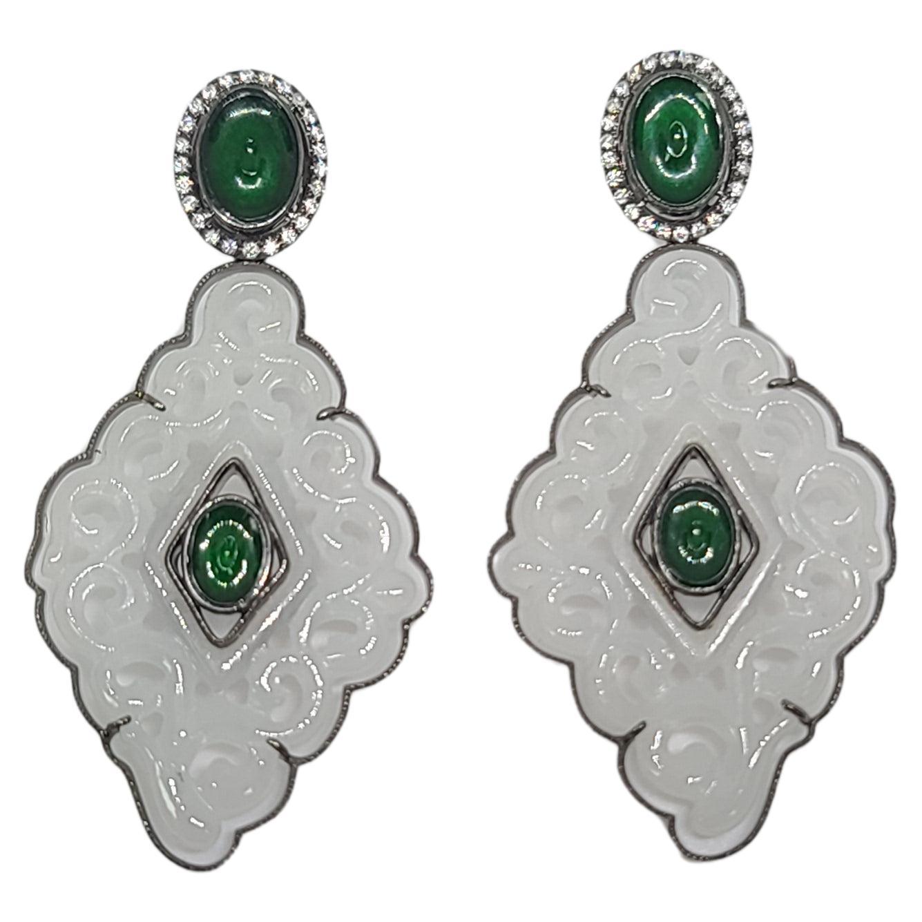 Bochic “Orient” Cluster Diamond & Mint & Green Jade Earrings Set In 18K Gold  For Sale