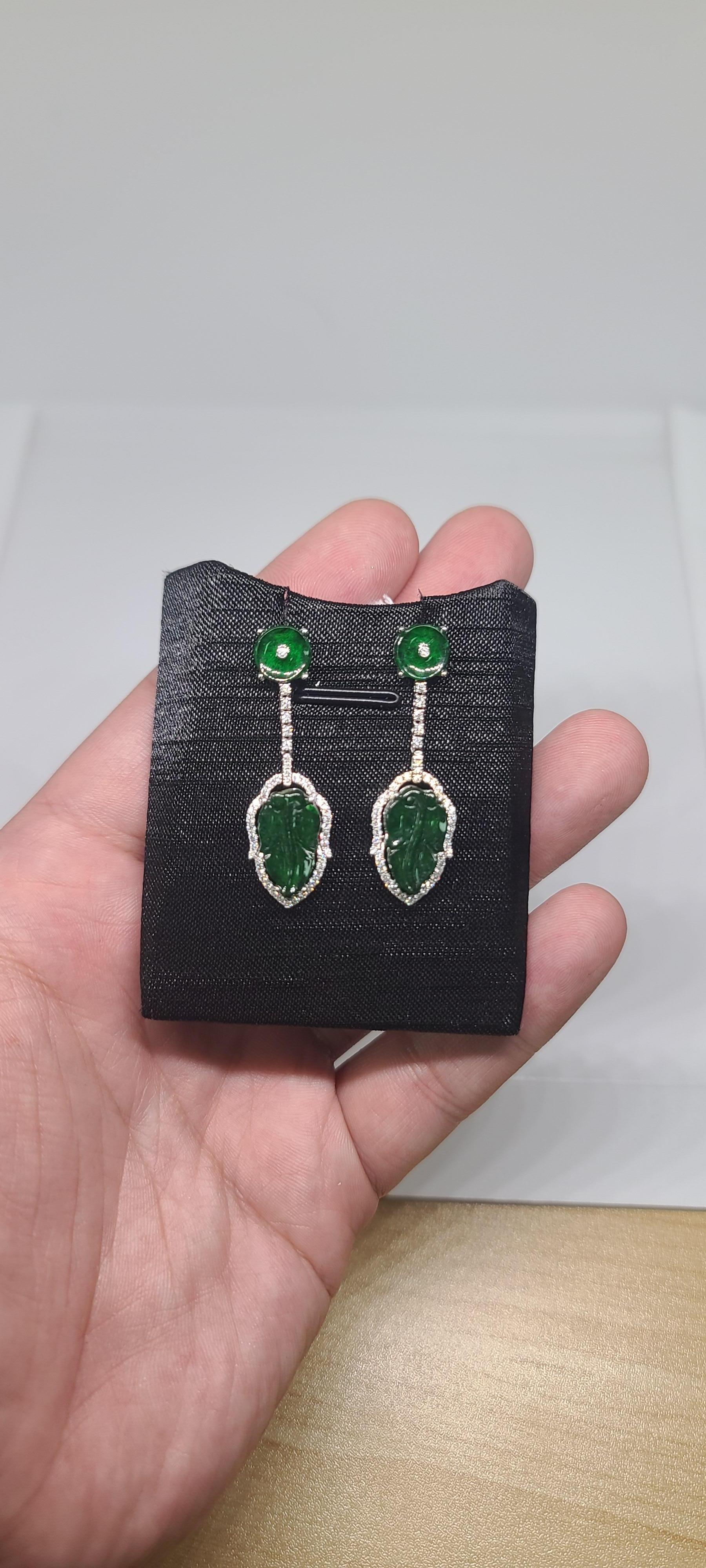 Baroque Bochic “Orient” Cluster Leaf Diamond & Green & Jade Drop Earrings  For Sale