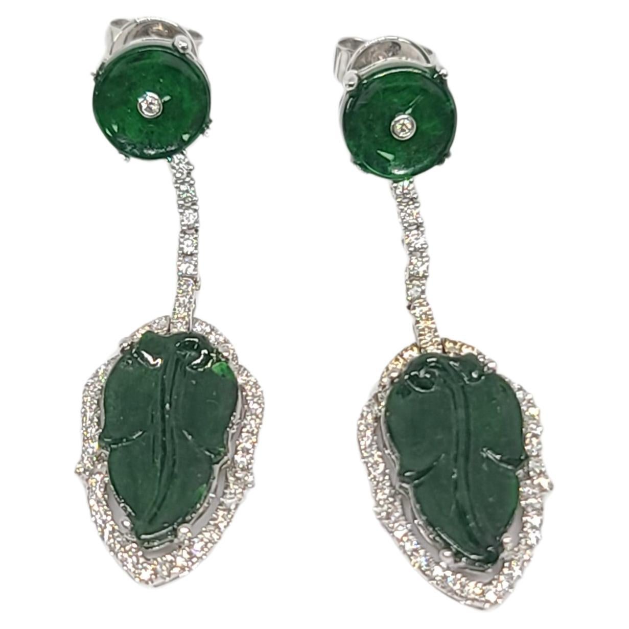 Bochic “Orient” Cluster Leaf Diamond & Green & Jade Drop Earrings  For Sale