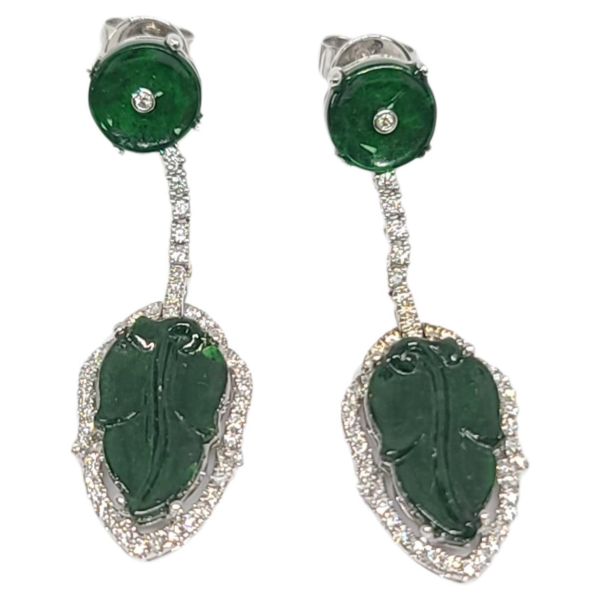 Bochic “Orient” Cluster Leaf Diamond & Green & Jade Drop Earrings