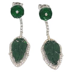 Used Bochic “Orient” Cluster Leaf Diamond & Green & Jade Drop Earrings 