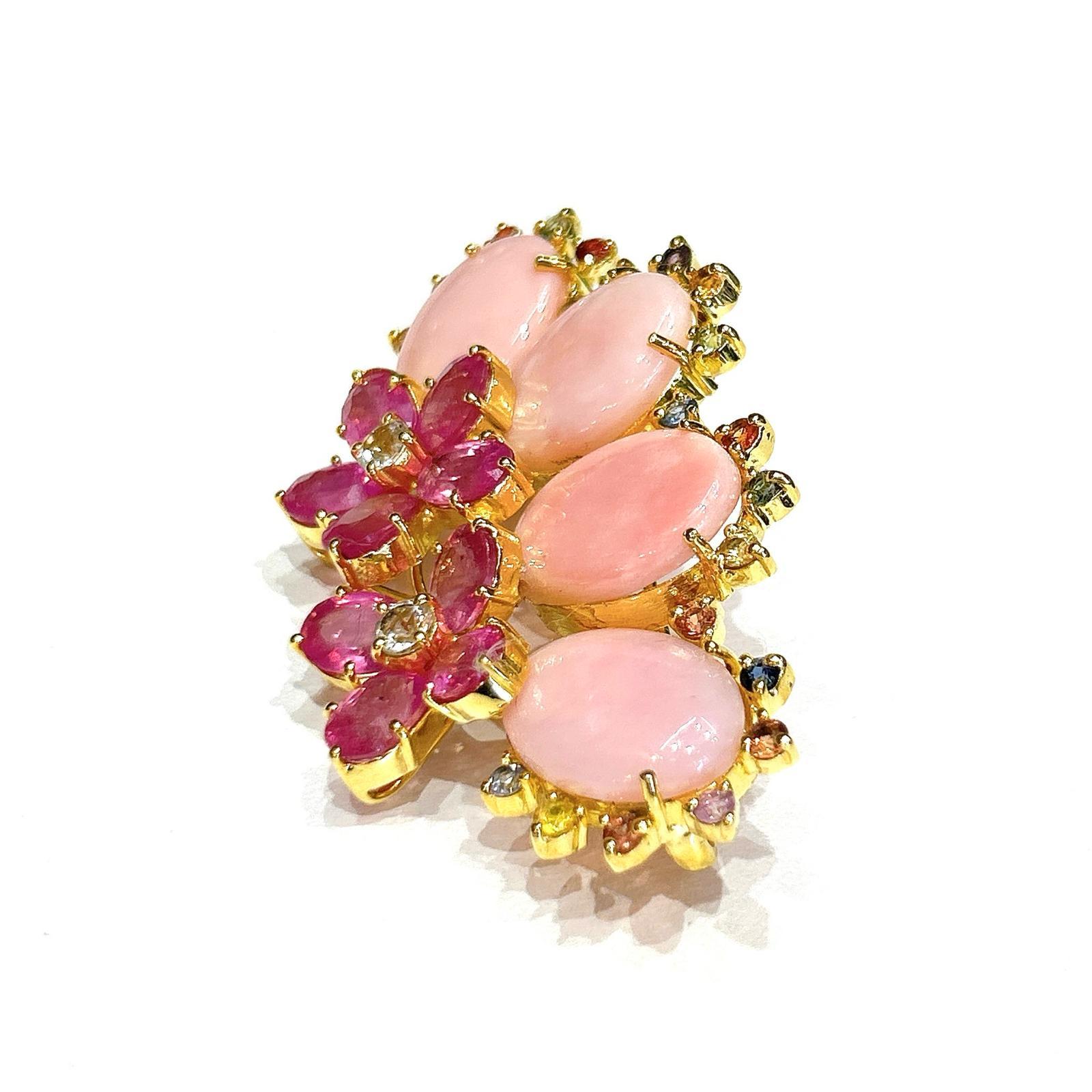 Bochic “Orient” Coral, Multi Sapphires & Ruby Brooch Set In 18K Gold & Silver  For Sale 11