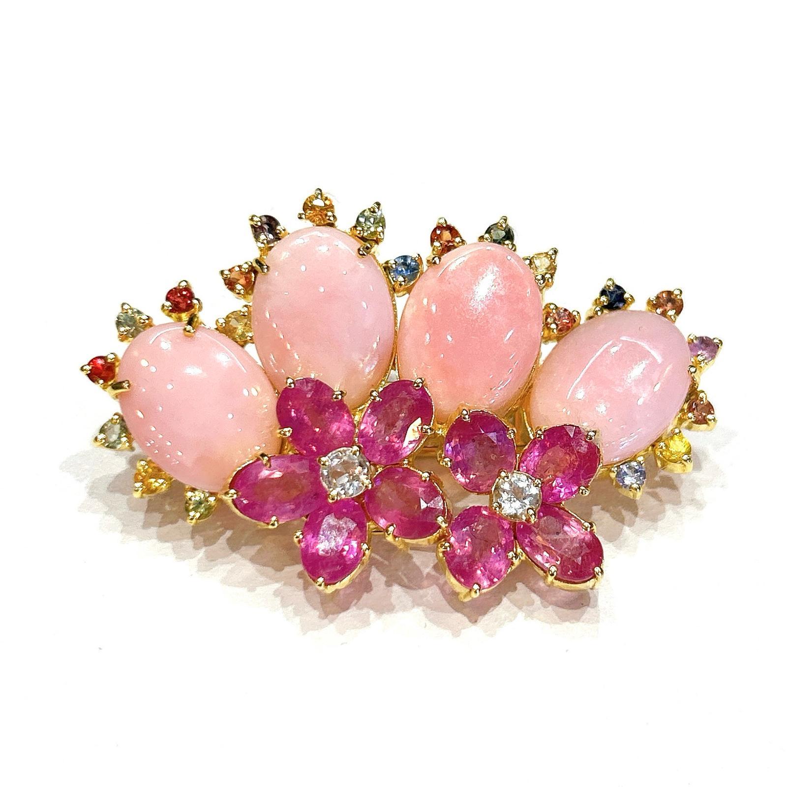 Bochic “Orient” Coral, Multi Sapphires & Ruby Brooch Set In 18K Gold & Silver 

Natural Red Ruby, Oval shape - 6 carat 
Multi color Natural Sapphires from Sri Lanka 
1 carat
Salmon Pink Coral 

The Brooch is from the 