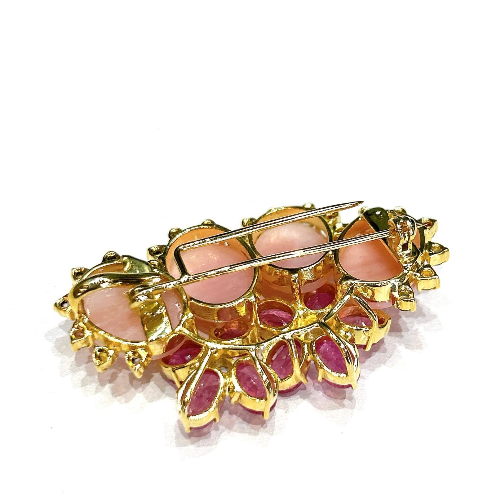Art Nouveau Bochic “Orient” Coral, Multi Sapphires & Ruby Brooch Set In 18K Gold & Silver  For Sale