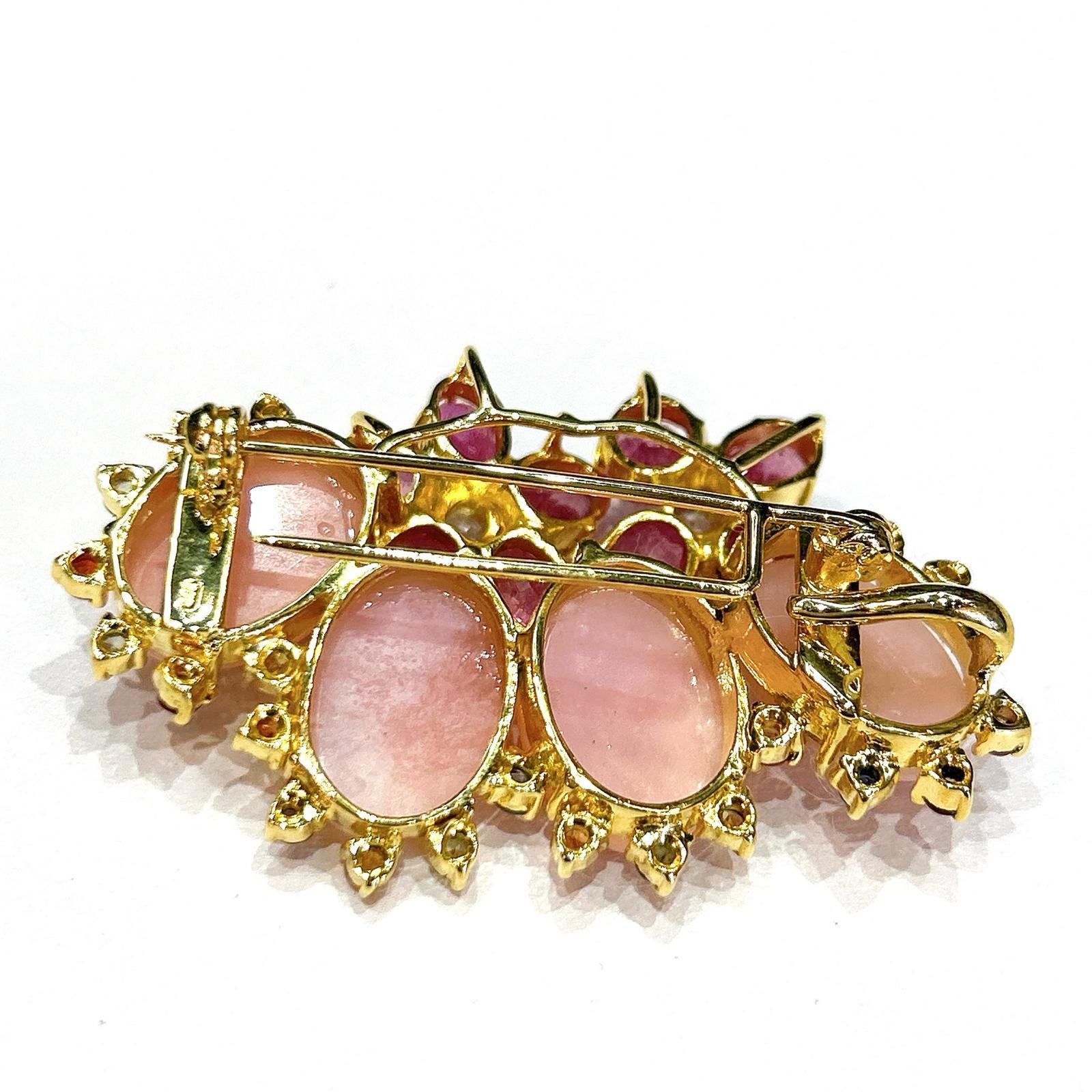 Brilliant Cut Bochic “Orient” Coral, Multi Sapphires & Ruby Brooch Set In 18K Gold & Silver  For Sale