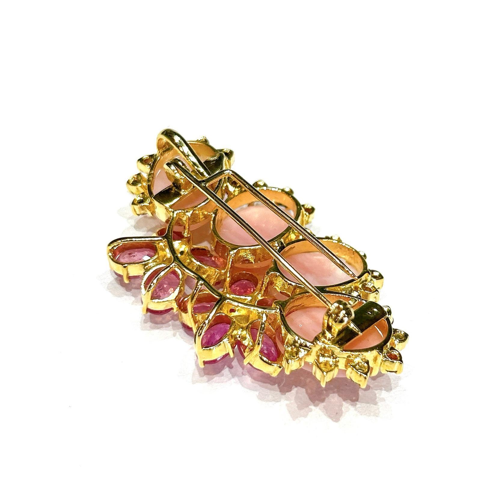 Bochic “Orient” Coral, Multi Sapphires & Ruby Brooch Set In 18K Gold & Silver  In New Condition For Sale In New York, NY
