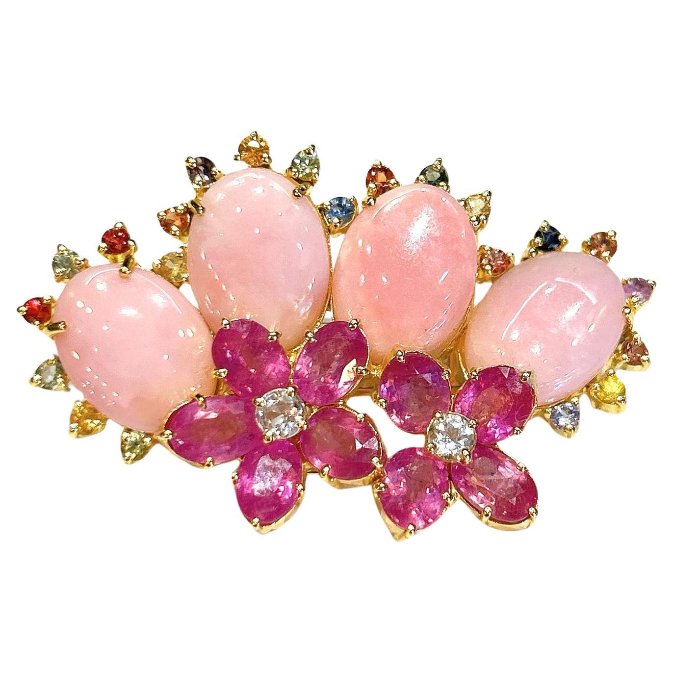 Bochic “Orient” Coral, Multi Sapphires & Ruby Brooch Set In 18K Gold & Silver  For Sale