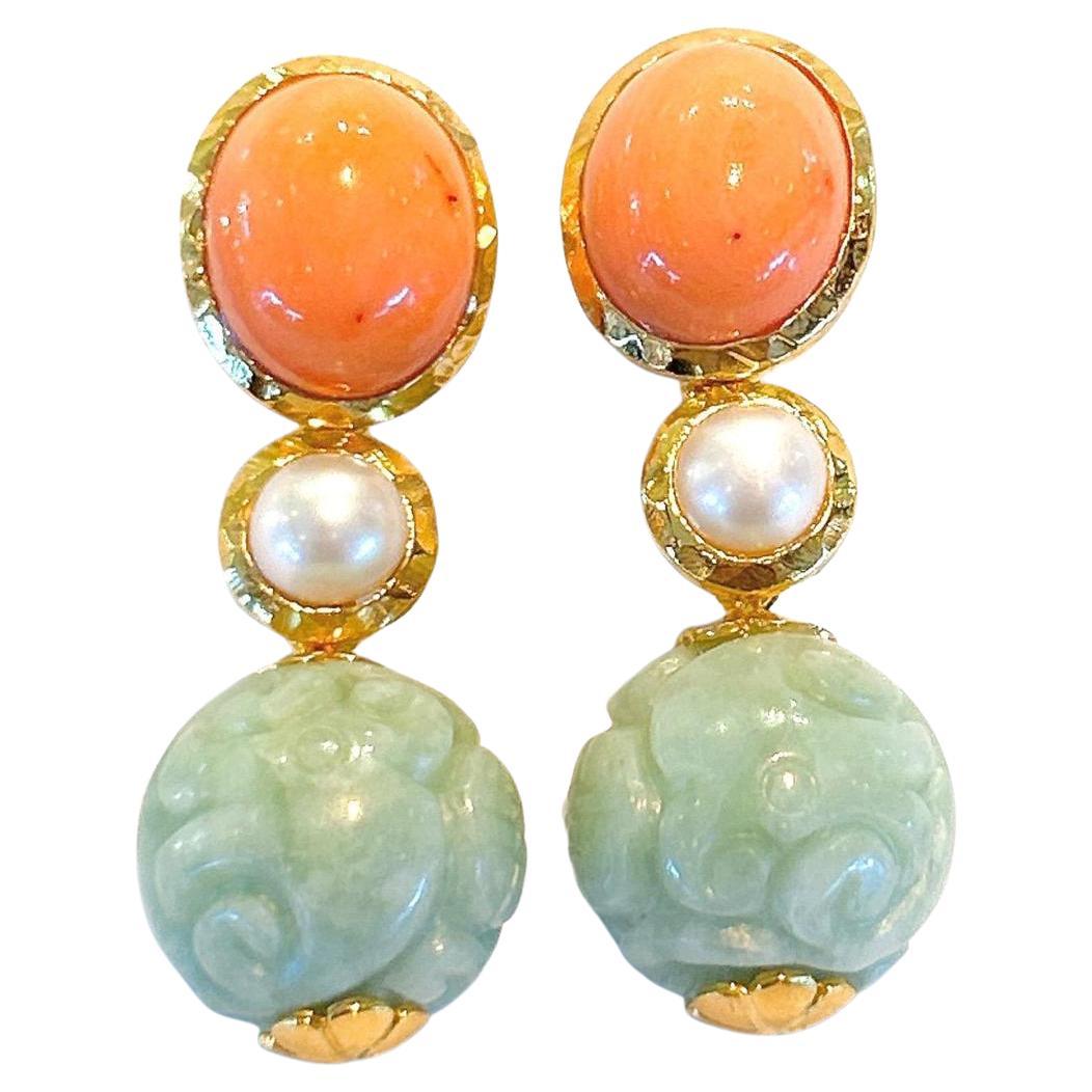 Bochic “Orient” Coral, Pearl & Vintage Mint Jade Set In 18K Gold & Silver 
Mova Pearls White Color with Pink Tone 
Salmon Pressed Coral 
Vintage mint Color Carved Oriental Beads 
The earrings from the 