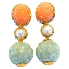 Bochic “Orient” Coral, Pearl & Vintage Mint Jade Set In 18K Gold & Silver 
