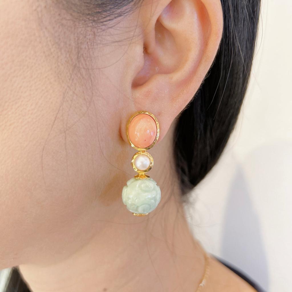 Baroque Bochic “Orient” Coral, Pearl & Vintage Mint Jade Set In 22K Gold & Silver For Sale