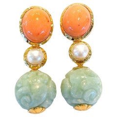 Bochic “Orient” Coral, Pearl & Vintage Mint Jade Set In 22K Gold & Silver 