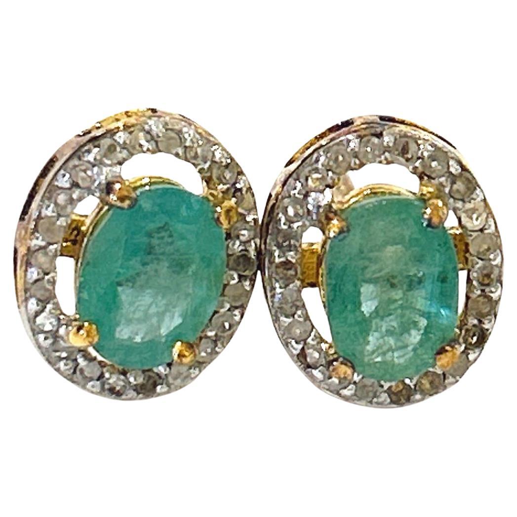 Bochic “Orient” Diamond & Emerald Stud Earrings Set In 18K Gold & Silver  For Sale
