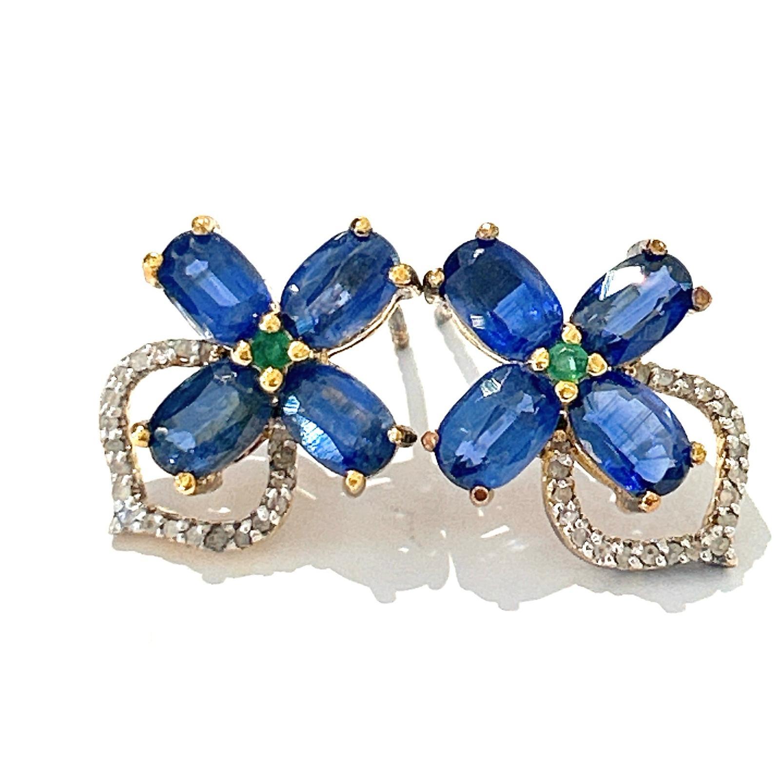 Oval Cut Bochic “Orient” Diamond, Emerald & Tanzanite Stud Earrings Set 18K Gold&Silver  For Sale
