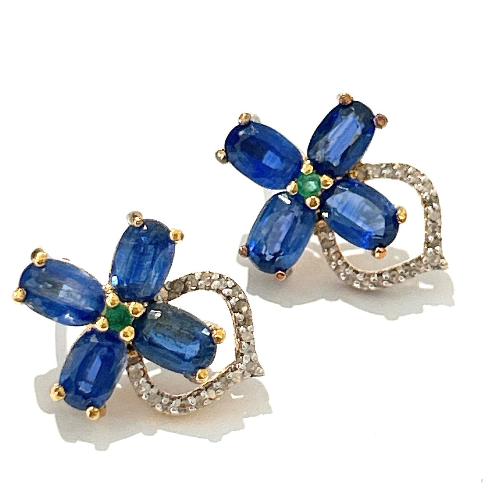 Women's Bochic “Orient” Diamond, Emerald & Tanzanite Stud Earrings Set 18K Gold&Silver  For Sale