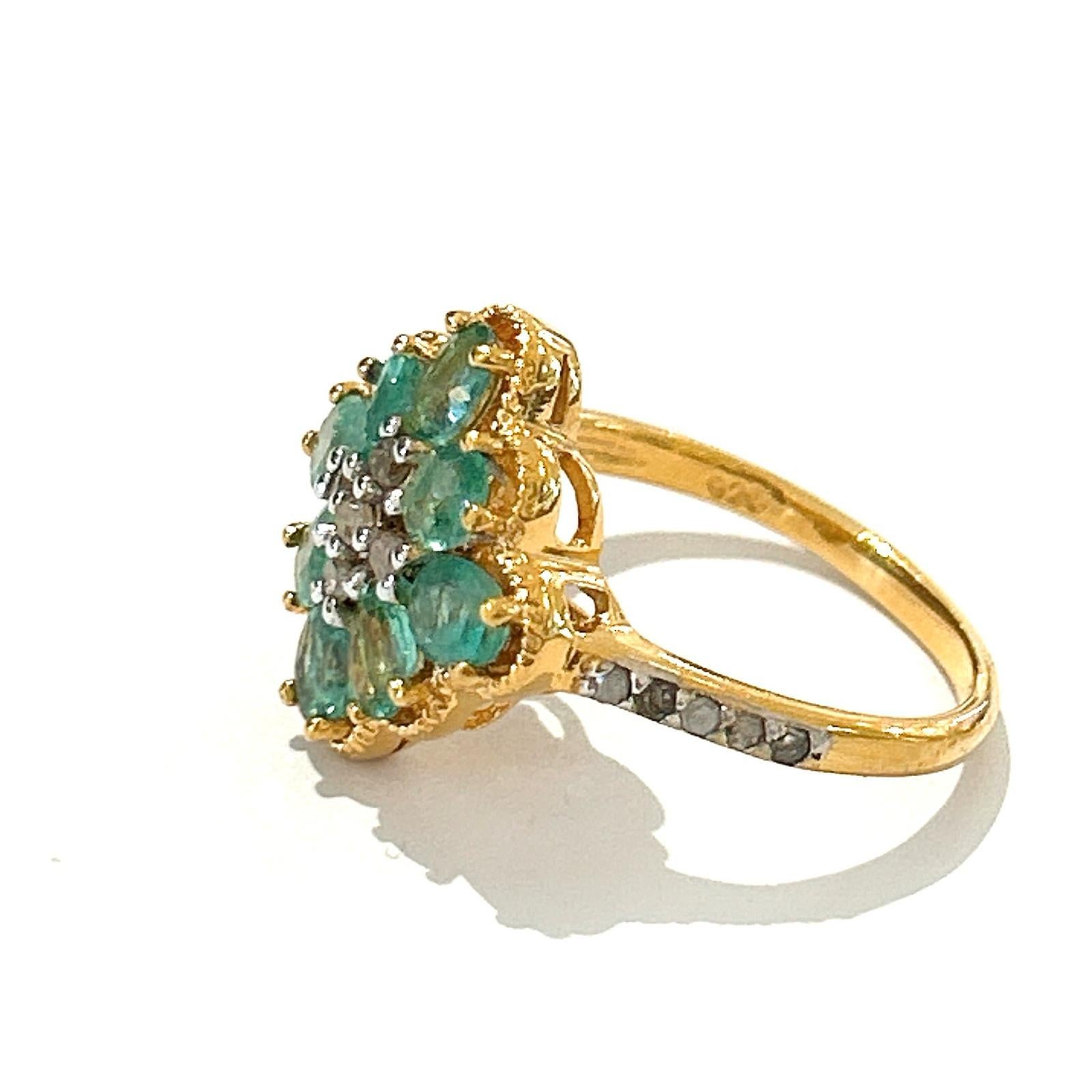 Emerald Cut Bochic “Orient” Diamond & Emerald Vintage Cluster Ring Set In 18K & Silver  For Sale