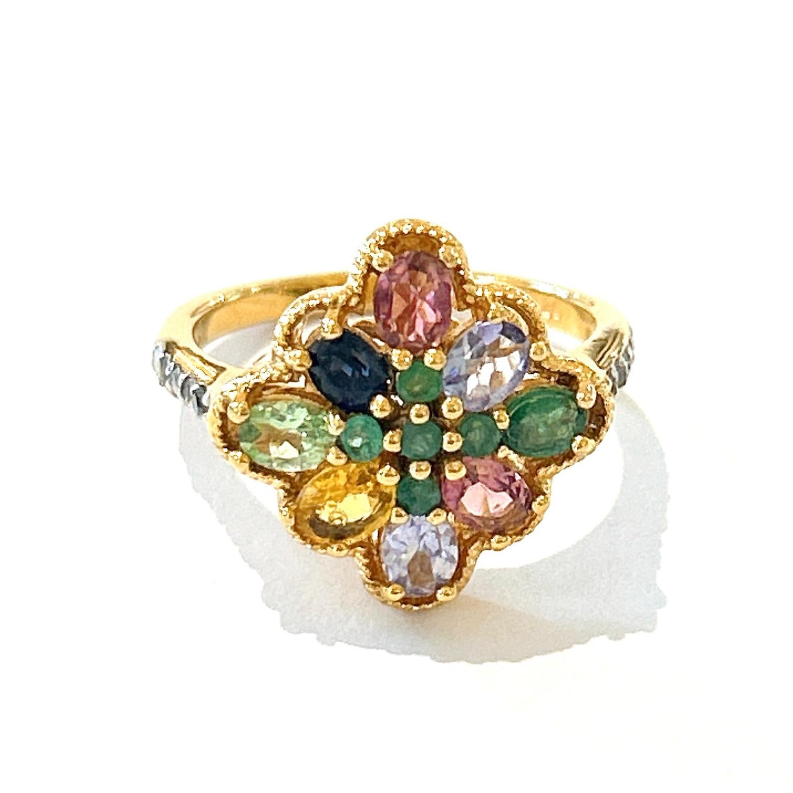 Bochic “Orient” Diamond & Multi Sapphire Vintage Cluster Ring Set 18K & Silver 

Blue natural sapphire 
Pink natural sapphire 
Yellow natural sapphire 
Green natural emeralds
Gray natural gray single cut diamonds 
5 carats 

This Ring is from the