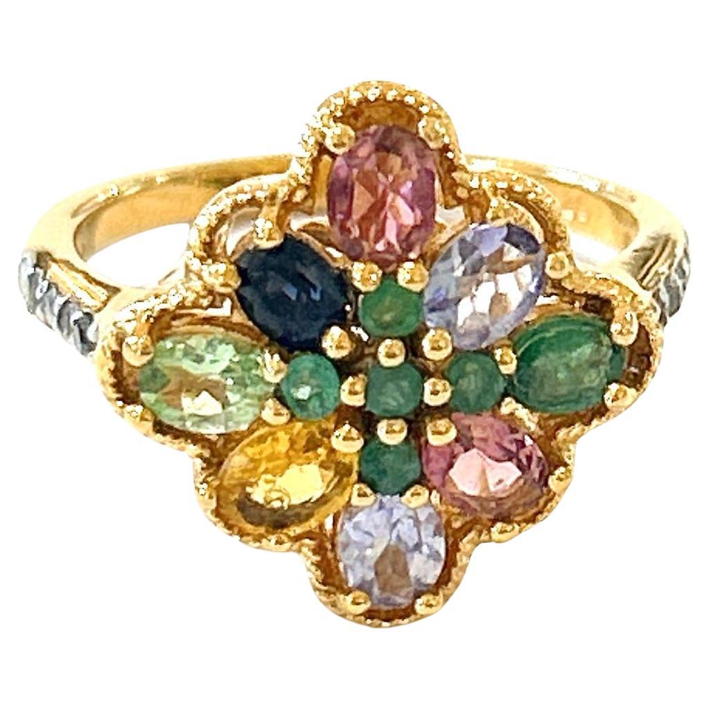 Bochic “Orient” Diamond & Multi Sapphire Vintage Cluster Ring Set 18K & Silver  For Sale