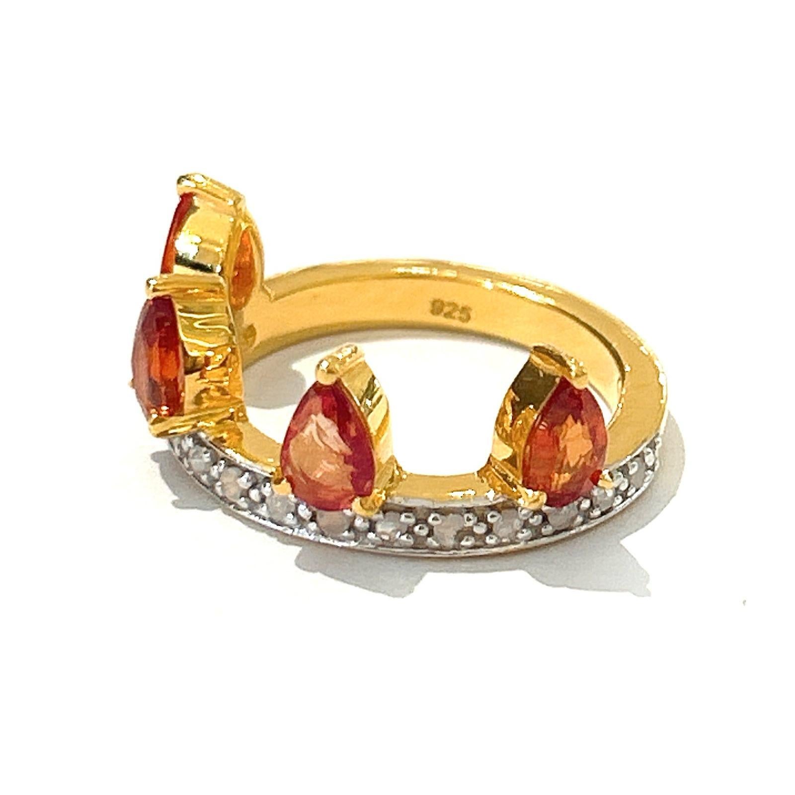 Pear Cut Bochic “Orient” Diamond & Orange Sapphire Vintage Crown Ring Set 18K & Silver  For Sale