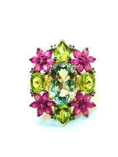 Bochic "Orient" Bague diamant, péridot, tourmaline et topaze bleue 18K et Silver