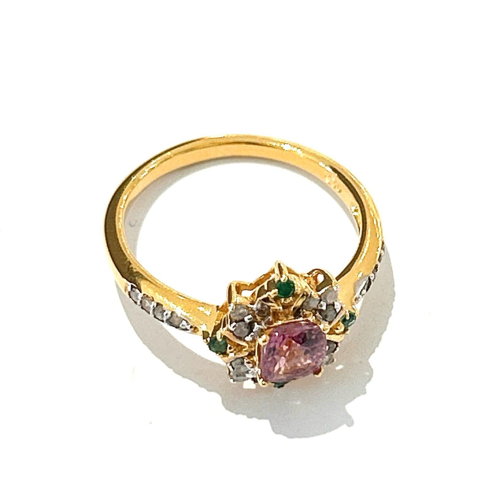 Bochic “Orient” Diamond, Ruby & Emerald Vintage Cluster Ring Set 18K & Silver 
Round Brilliant

Square cut natural Pink Sapphire - 0.70 carat 
Round cut natural green emeralds - 0.30 carat 
Single cut natural gray and black diamonds - 0.60 carat