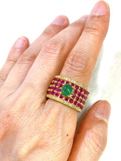 Bochic “Orient” Diamond, Ruby, & Jade Vintage Band Ring Set 18 K Gold & Silver