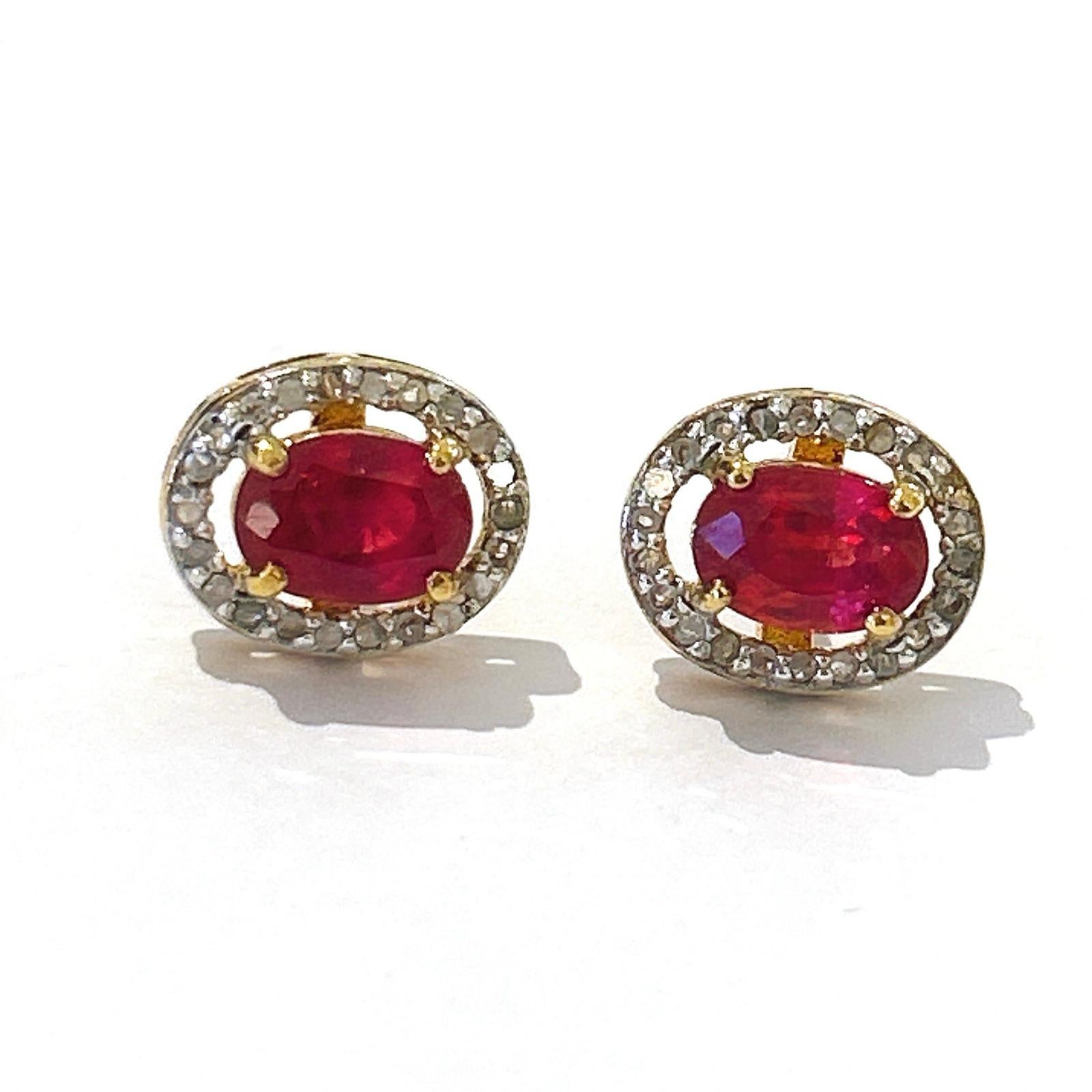 Brilliant Cut Bochic “Orient” Diamond & Ruby Stud Earrings Set In 18K Gold & Silver  For Sale