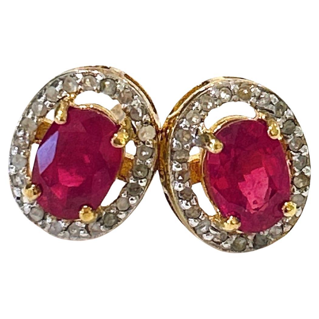 Bochic “Orient” Diamond & Ruby Stud Earrings Set In 18K Gold & Silver  For Sale
