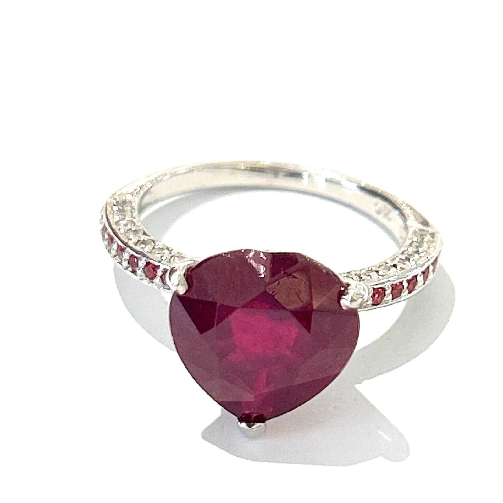 Heart Cut Bochic “Orient” Diamond & Ruby Vintage Cocktail Ring Set In 18K & Silver  For Sale