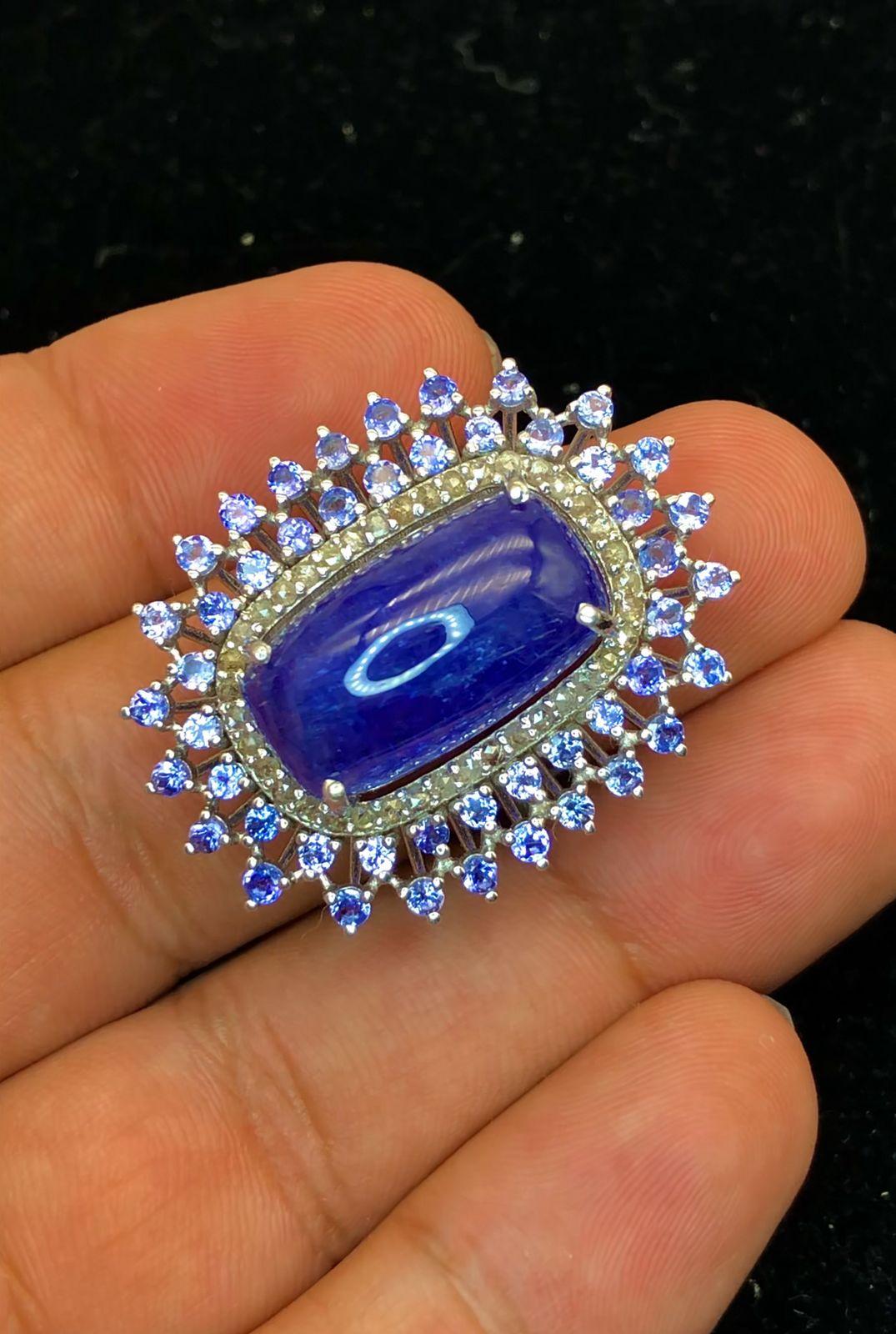 Women's or Men's Bochic “Orient” Natural Diamond & Tanzanite Cocktail Ring Set 18K Gold & Silver For Sale
