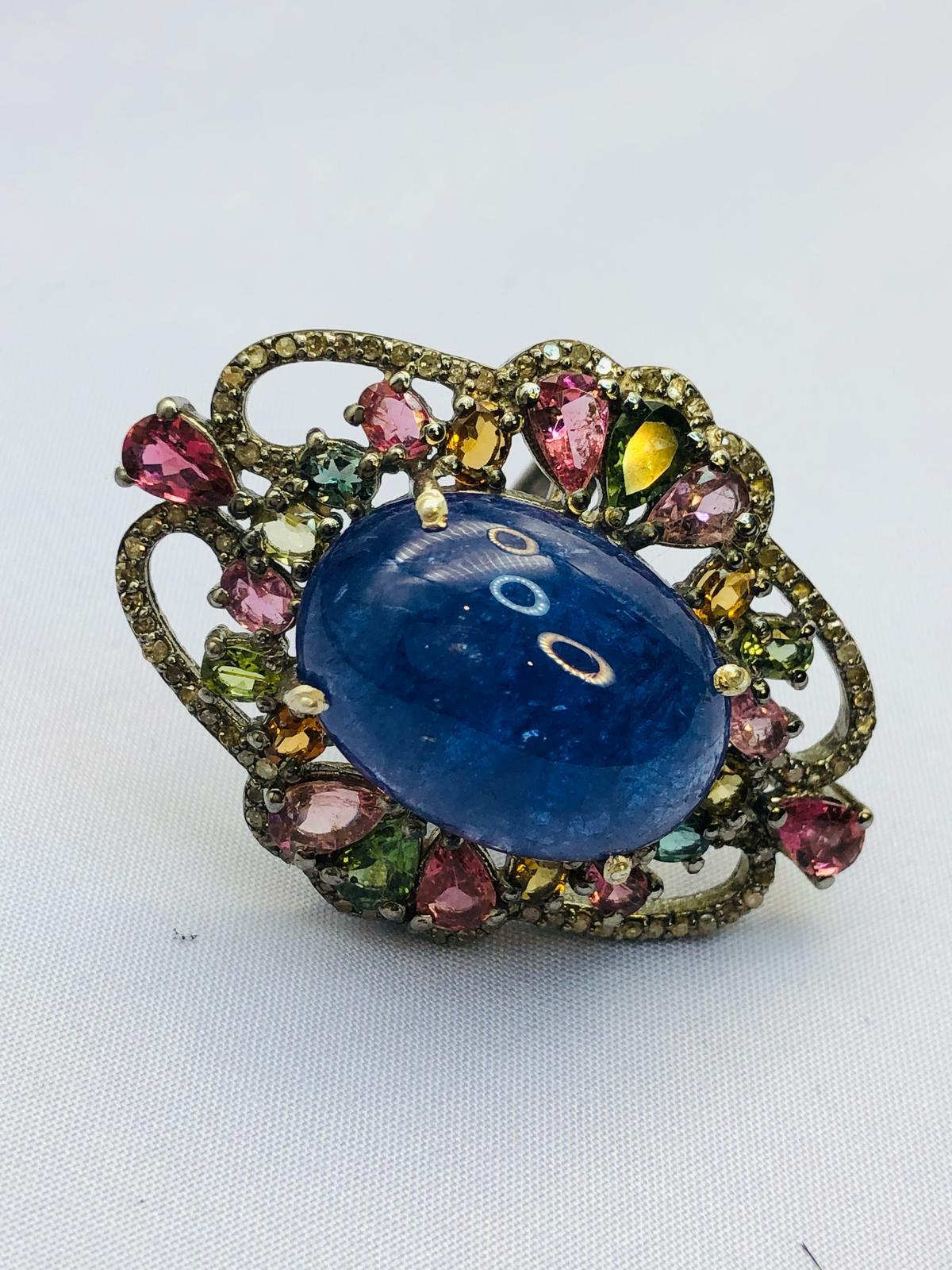 Women's or Men's Bochic “Orient” Diamond, Tourmaline & Tanzanite Ring Set In 18K Gold & Silver For Sale