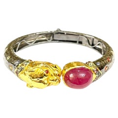 Bochic “Orient” Dragon Bangle Set 22k Gold & Silver with Ruby & Sapphires