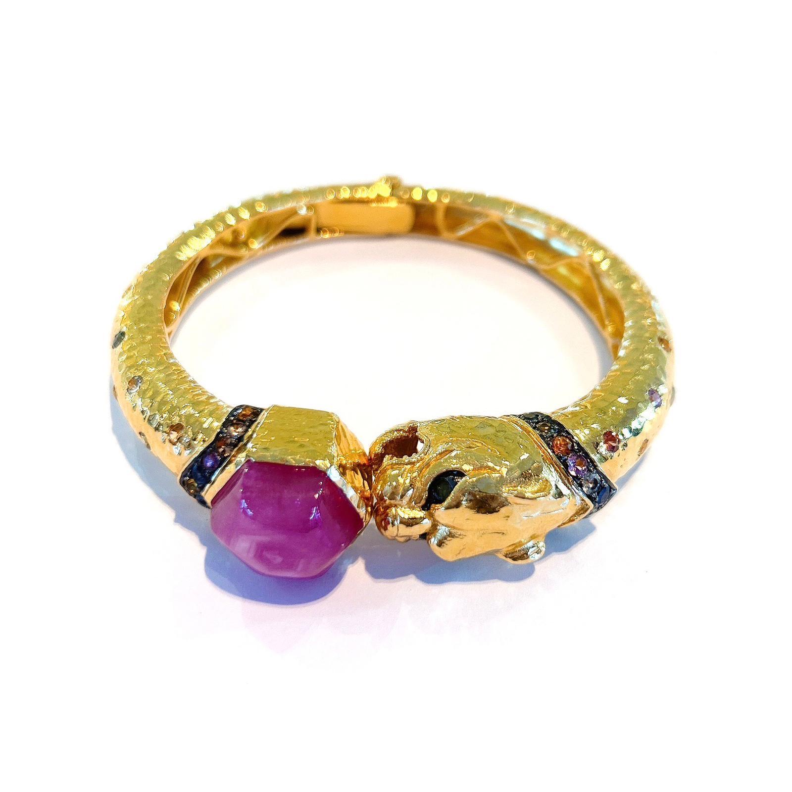 Bochic “Orient” Dragon Ruby & Multi Sapphire Bangle Set in 22k Gold & Silver 4