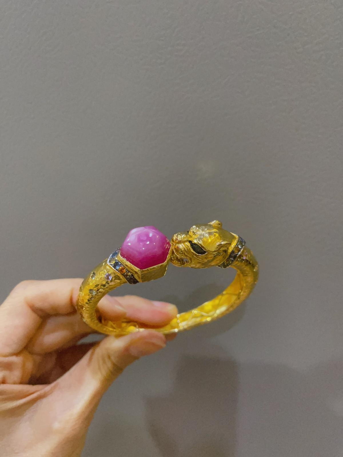 Cabochon Bochic “Orient” Dragon Ruby & Multi Sapphire Bangle Set in 22k Gold & Silver
