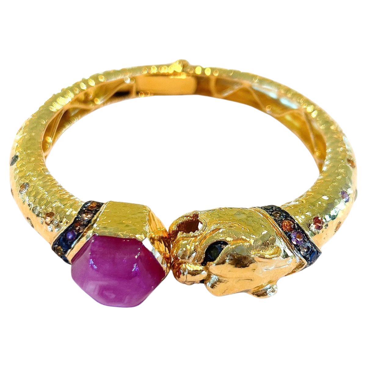 Bochic “Orient” Dragon Ruby & Multi Sapphire Bangle Set in 22k Gold & Silver
